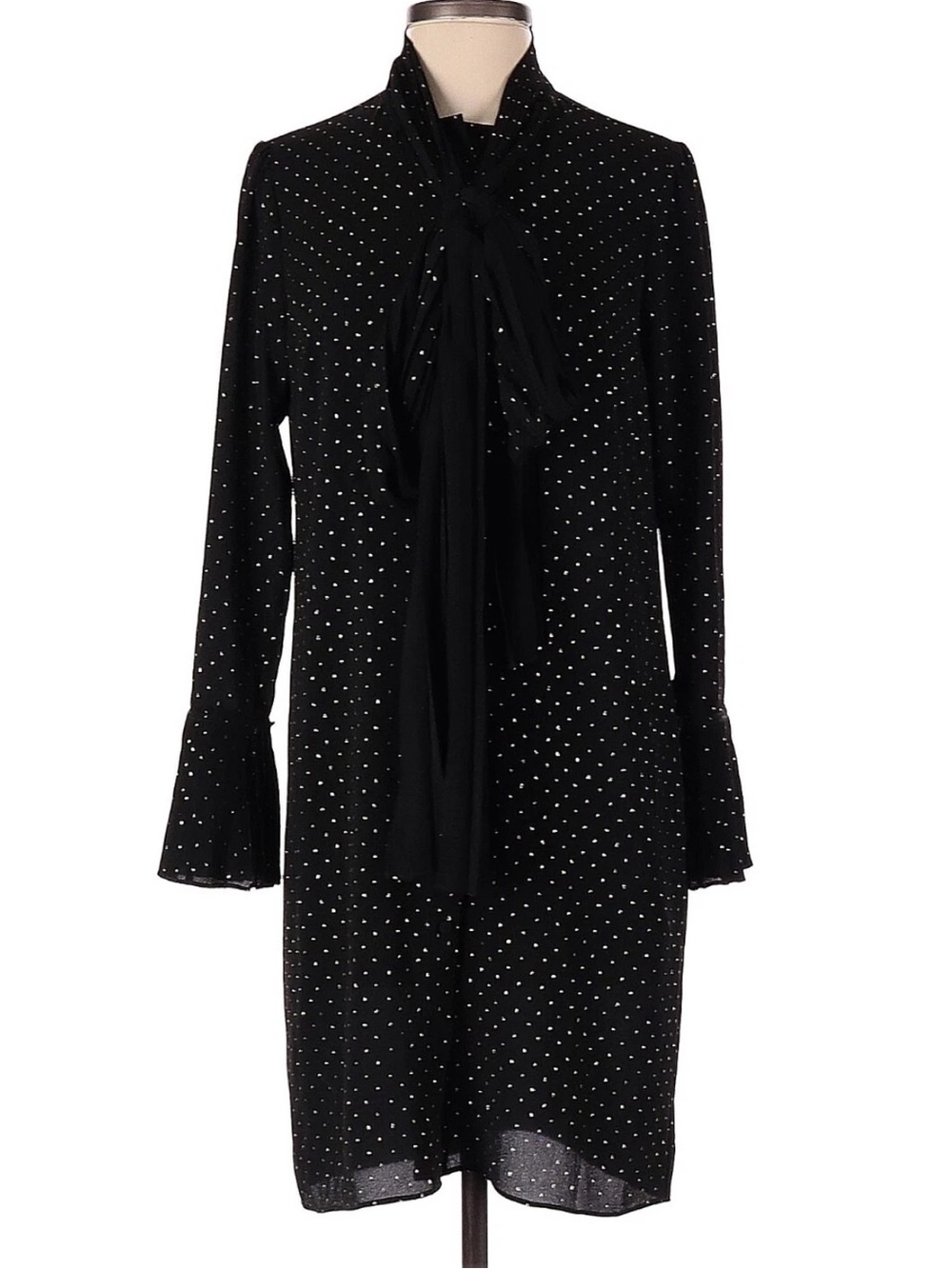 Michael Kors Black Polka Dot Tie-Front Long Sleeve Dress